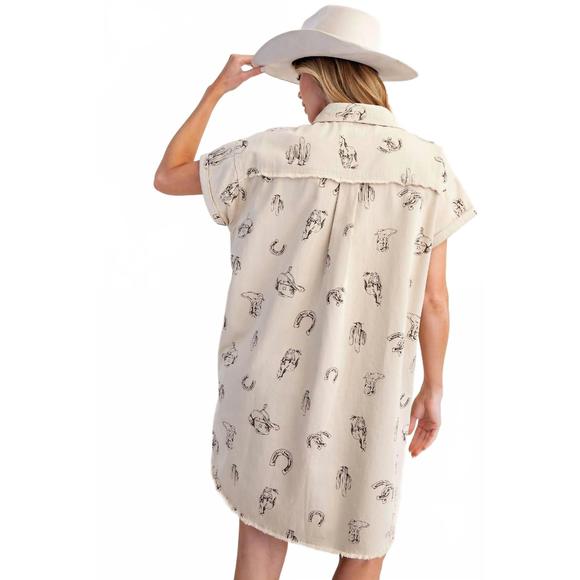 NEW EASEL western printed washed twill shirt dress in cream - Picture 2 of 5